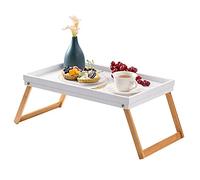 Vencier Bamboo Bed Tray, Folding Legs, Raised Edge, for Breakfast in Bed and Serving, HWD: 22x64x31cm, White (White/Natural)