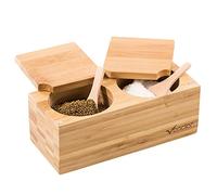 Vencier Bamboo Spice Salt & Pepper Box Magnetic Hinged Pot Includes 2 Spoons 2 Part Sectioned Wood Salt Pig for Herbs & Spices