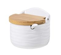 Vencier Ceramic Sugar Pot with Lid & Spoon | Sugar Bowl | Spice Containers | Salt Cellar | White Ceramic with Bamboo Lid |