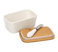 Vencier Porcelain Butter Dish With Knife and Wooden Bamboo Lid - French Style With Insulated Storage