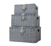 Vencier Set of 3 Resin Woven Wicker Storage Basket Box with Lid & Lock, Grey, Large, Medium, Small (Grey)