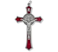 Venerare Large Saint Benedict Pectoral Cross with Colored Enamel (Red)