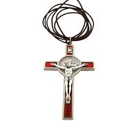 Venerare St. Benedict Crucifix with Round St. Benedict Medal Inlay | 3" Silver-Tone and Red Enamel Cross with Cord and Booklet | Patron Saint of Students and Europe | Made in Italy