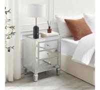 Furniturebox Venice Contemporary 3 Drawer Silver Framed Mirrored Bedside Tablewith Crystaline Shaped Handles