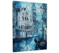 Venetian Canal Canvas Wall Art, Blue Watercolor Architecture Prints, Abstract Home Decor for Living Room, Bedroom, Office, Wrapped Canvas 12x16 Inch