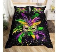Venetian Mardi Gras Decoration Bedding Set Kids Carnival Masquerade Duvet Cover, New Orleans Mask Colorful Bed Cover For Home Party Decoration (King 3Pcs)