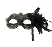 VENETIAN MASQUERADE PARTY EYE MASK ON A STICK BLACK, SILVER, BRONZE & GOLD WITH FLOWER