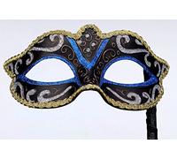 VENETIAN MASQUERADE PARTY EYE MASK ON A STICK BLUE, SILVER, BRONZE & GOLD