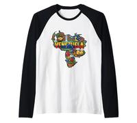 Venezuela Map Cultural Icons Flag Arepa Salto Angel Raglan Baseball Tee