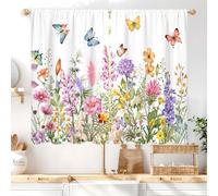 Vengaot Colorful Floral Burtterfly Kitchen Curtain 27.5W X 39L Inch 2 Panels Wildflower Spring Summer Flower Small Cafe Tier Purple Pink Flower Brightly Window Treatment Short Drapes Bathroom Decor