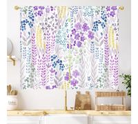 Vengaot Purple Floral Kitchen Curtain 27.5W X 39L Inch 2 Panel Rod Pocket Lavender Boho Cute Flower Lilac Watercolor Wildflower Colorful Small Short Cafe Tier Window Treatment Drapes Bathroom Decor