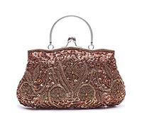VENI MASEE Collection Antique Floral Seed/Bead/Sequin Soft Clutch Evening Bag, Exquisite Seed Bead Sequined Leaf Evening Clutch Handbag, Gift Ideas-Colors Various, Coffee, M