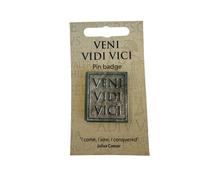 Veni Vidi Vici Enamelled Metal Pin Badge, Plaque Design, Stone Colour, with Information Card, Roman Theme