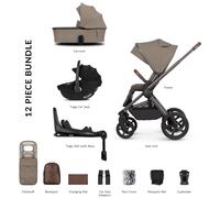 Venicci Upline 2 3in1 Plus. Pushchair, Carrycot, Tiago Car Seat, ISOFIX 360 Base and Accessories - 11 Piece Bundle (SE Powder)