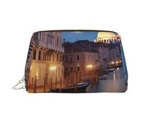 Venice at Night Makeup Bag for Women Cosmetic Bags Leather Travel Makeup Case Organizer Waterproof Make up Pouch Open Flat Toiletry Bag Portable Storage Pouch for Travelling, Gold, One Size