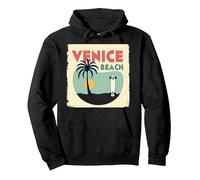 Venice Beach Retro Surf Skateboard Palm Tree Poster Pullover Hoodie, Adult Unisex, Black, XXL