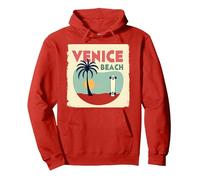 Venice Beach Retro Surf Skateboard Palm Tree Poster Pullover Hoodie, Adult Unisex, Red, XXL