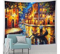 Venice Canal Night Scenery Tapestry, Gondolas and Lights Impressionist Decorative Art Wall Hanging, Romantic Tapestries for Living Room, Bedroom, Dorm 40x60 Inch
