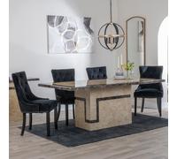 Venice Dining Set - 6 Seater - 160cm - Cream Marble - Knocker Back Dining Chairs - Black Velvet Fabric - Black Wooden Legs