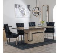 Venice Dining Set - 6 Seater - 160cm - Cream Marble - Knocker Back Dining Chairs - Black Velvet Fabric - Chrome Legs