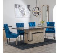 Venice Dining Set - 6 Seater - 160cm - Cream Marble - Knocker Back Dining Chairs - Blue Velvet Fabric - Chrome Legs