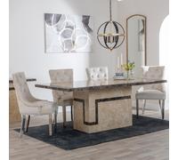 Venice Dining Set - 6 Seater - 160cm - Cream Marble - Knocker Back Dining Chairs - Champagne Velvet Fabric - Chrome Legs