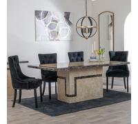 Venice Dining Set - 6 Seater - 160cm - Cream Marble - Lion Knocker Back Dining Chairs - Black Velvet Fabric - Black Wooden Legs