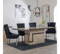 Venice Dining Set - 6 Seater - 160cm - Cream Marble - Lion Knocker Back Dining Chairs - Black Velvet Fabric - Chrome Legs