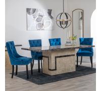 Venice Dining Set - 6 Seater - 160cm - Cream Marble - Lion Knocker Back Dining Chairs - Blue Velvet Fabric - Black Wooden Legs