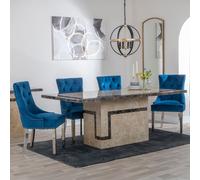 Venice Dining Set - 6 Seater - 160cm - Cream Marble - Lion Knocker Back Dining Chairs - Blue Velvet Fabric - Chrome Legs