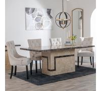 Venice Dining Set - 6 Seater - 160cm - Cream Marble - Lion Knocker Back Dining Chairs - Champagne Velvet Fabric - Black Wooden Legs