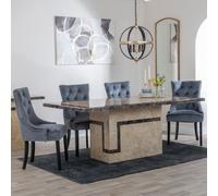Venice Dining Set - 6 Seater - 160cm - Cream Marble - Lion Knocker Back Dining Chairs - Grey Velvet Fabric - Black Wooden Legs