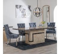 Venice Dining Set - 6 Seater - 160cm - Cream Marble - Lion Knocker Back Dining Chairs - Grey Velvet Fabric - Chrome Legs