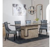 Venice Dining Set - 6 Seater - 160cm - Cream Marble - Paris Dining Chairs - Grey Leather - Black Legs