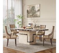 Venice Dining Set - 6 Seater - 160cm - Cream Marble - Paris Dining Chairs - Taupe Leather - Brown Legs