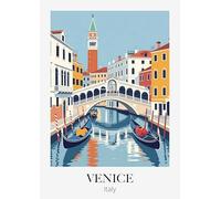Venice Italy Travel Art Print, Vintage Style Canal Scene with Gondolas, 1950s Italian Cityscape Wall Decor. Size A4