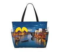 Venice Night Print Large Waterproof Beach Tote Bag for Women with Zip and Pockets Foldable Handbag for Travel Pool Shopping Holiday Gym