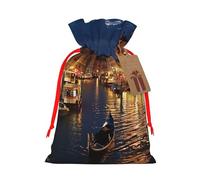 Venice Night Printed Christmas Drawstring Bags for Christmas Party Xmas Gift Wrapping, Red Ribbon, M