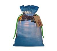 (Venice Night) Printed Christmas S Size Gift Bags with Green Ribbon Drawstring Candy Bags for Kids Xmas Holiday Christmas Eve Presents