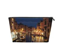 Venice Night Printed Toiletry Bag for Women Girl Portable Travel Cosmetic Bag Leather Makeup Pouch Organizer with Silver Zipper