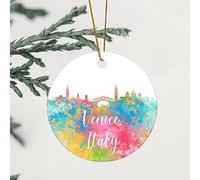 Venice Skyline Italy Christmas Ornament Watercolour City Souvenir Round Keepsake Holiday Themed 3.2 Inch with Gold String New Homeowner Gift Ideas Ceramic Housewarming Gift