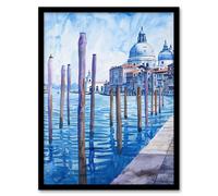 Venice St Mark's Basilica Watercolour Blue Framed Art Print Artery8 Blue W12 inch x H16 inch