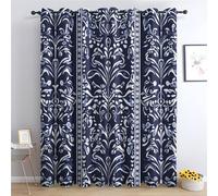 Venivici Ethnic Floral Blackout Curtains for Bedroom Living Room - 54 Inch Drop Curtains Eyelet, Navy Blue and White Patterned Window Treatments, Thermal Insulated Drapes 46x54 2 Panels D&-245