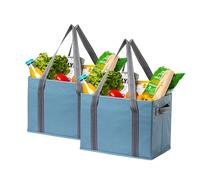 VENO 2 Pack Reusable Grocery Bags, Shopping Bags for groceries, Extra Large Utility Tote with Handles and Hard Bottom, Foldable Cart Organizer, Multi-Purpose, Heavy-Duty (Light Blue, 2 Pack)