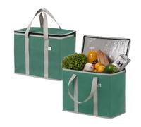 VENO 2Pcs Reusable Cooler Bag, Large Cooler Bag with Lid, Durable Handles, Double Zippers, Stand-up Shopping Bag, Foldable Lunch Bag, Picnic Bags (Dark Green, 2PCS)
