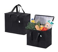 VENO 2Pcs Reusable Cooler Bag, Large Cooler Bag with Lid, Durable Handles, Double Zippers, Stand-up Shopping Bag, Foldable Lunch Bag, Picnic Bags (Black, 2PCS)