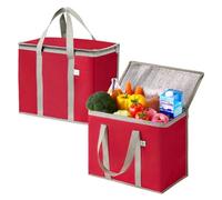 VENO 2Pcs Reusable Cooler Bag, Large Cooler Bag with Lid, Durable Handles, Double Zippers, Stand-up Shopping Bag, Foldable Lunch Bag, Picnic Bags (Red, 2PCS)