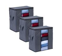 VENO 3 Pack Clothes Storage Bag Organizer with Reinforced Handle Thick Fabric for Comforters, Blankets, Bedding, Foldable with Sturdy Zipper, Clear Window, Reusable (Tall 16.3 Gallon)