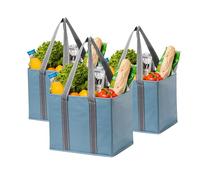 VENO 3 Pack Reusable Grocery Bag, Shopping Cart Bag, Trunk Organizer, Storage Box, Heavy Duty Tote, Hard Bottom, Stands Upright, Collapsible, Water-Resistant, Large Size (Light Blue - Set of 3)