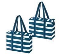 VENO 4 Pack Reusable Grocery Bags with Zipper, Heavy Duty Large Utility Tote with Hard Bottom, Foldable Water-Resistant Shopping Bags for Summer Beach, Pool, Picnic & Family Travel (Navy Stripe)